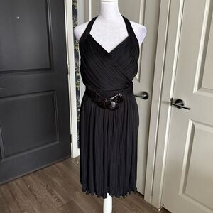 Vintage Y2K Versace Black Pleated Halter Dress with Medusa Belt Size IT 44 US M